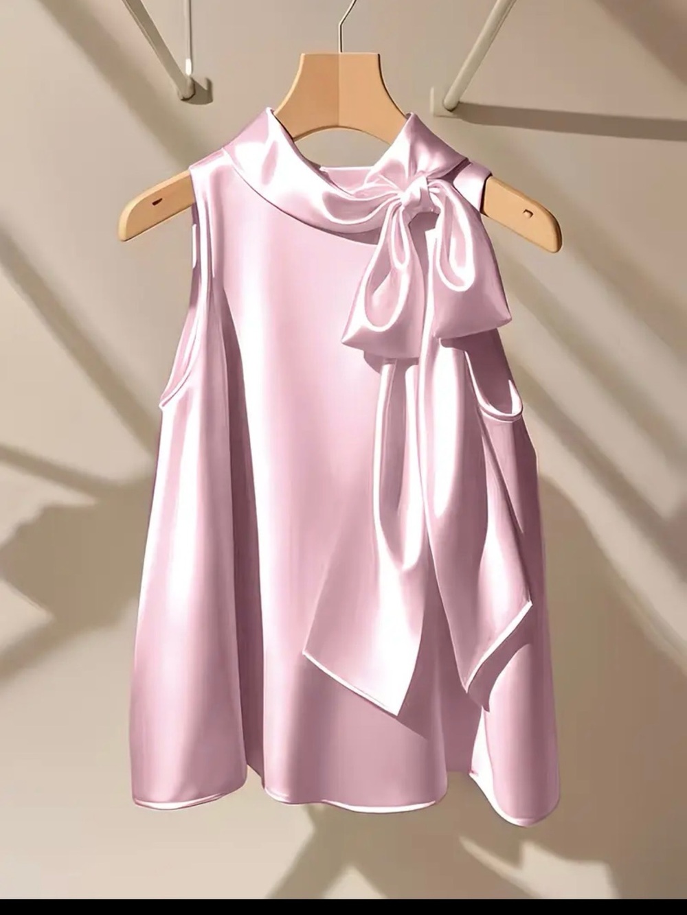 Sleeveless Satin Bow Neck Top - Light Pink